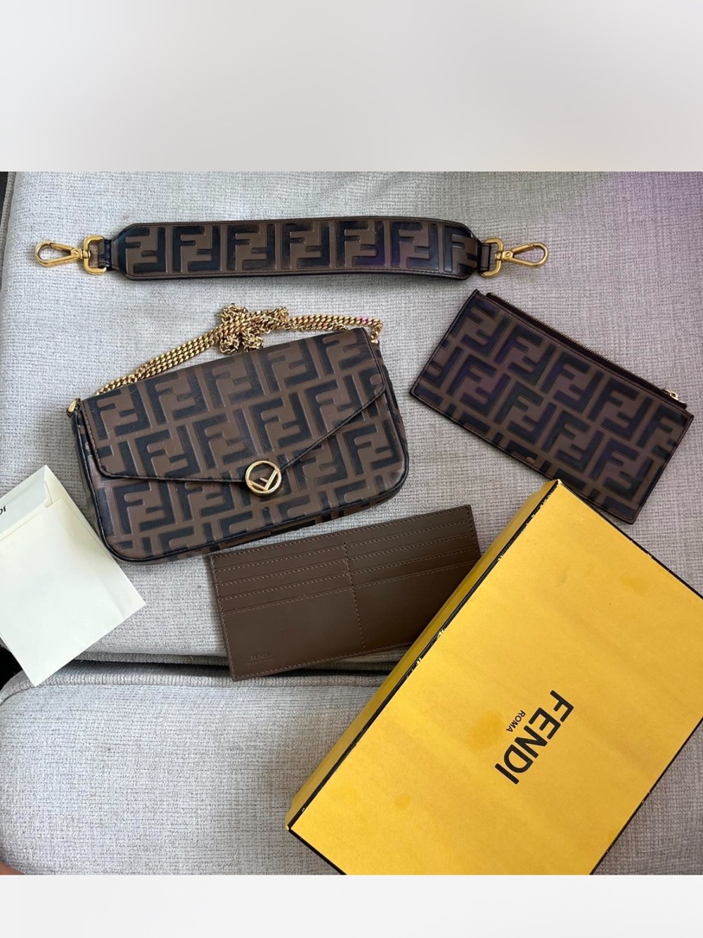 Fendi Brown FF Logo Shoulder Bag Set with Chain and Strap